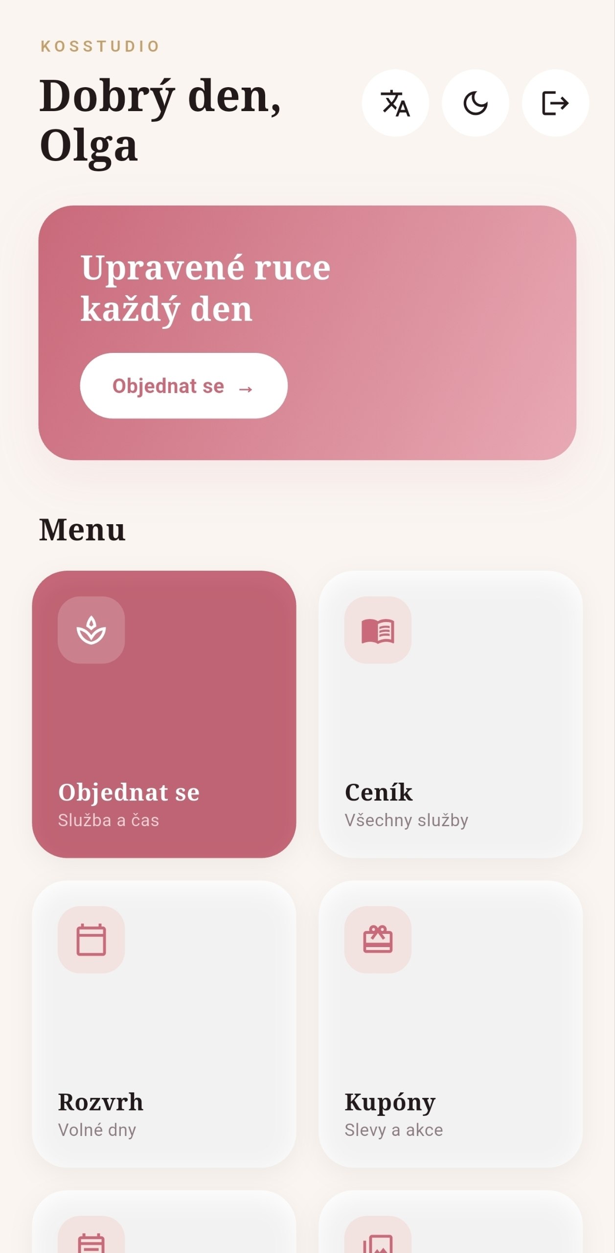 KosStudio aplikace — tmavý režim