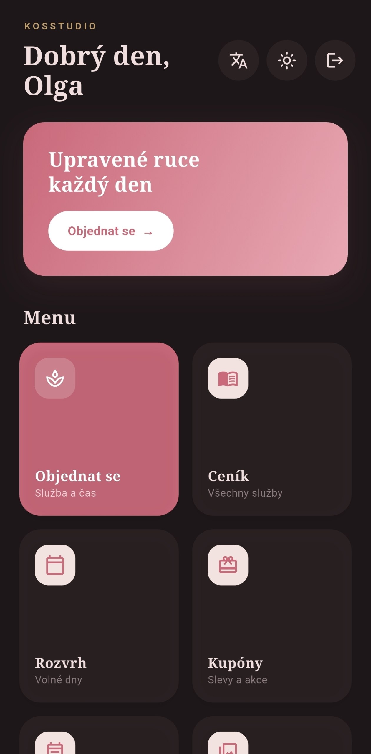 KosStudio aplikace — světlý režim
